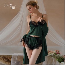 Guiruo Summer Sexy Ice Silk Splice Lace Suspender Top Shorts Outer Robe Women's Home Suit Set 19072