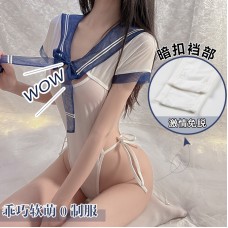 Guiruo Fun Lingerie Sexy Perspective Attractive Snap Open Student Dress Lace Up One Piece Uniform Set 1404