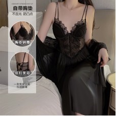 Guiruo Satin Deep V Lace Perspective and Chest Cushion Steel Ring Gathering Long Sleeping Dress, Outer Robe, Home Suit Set J2987