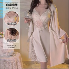 Guiruo Sexy Satin Lace Perspective Cross Back with Chest Cushion Pure Desire Sleeping Dress Outer Robe Home Suit Set 2744