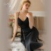 Guiruo New Satin Splice Chiffon Deep V Temptation Chest Cushion Open Back Simple Long Home Suspender Sleeping Dress J3178