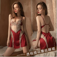 Guiruo Sexy Deep V Side Split Temptation Pajama Hanging Strap Pajama Dress Lace up Outer Robe Women's Home Furnishing Set 1033