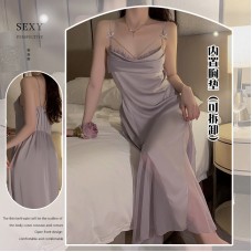 Jue Ruo Light Luxury Pure Desire Satin Transparent Yarn Stacked Collar Elastic Waist Shrinking Chest Cushion Slim Strap Home Sleeping Dress J3459