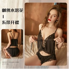 Original European and American Women's Sexy Deep V Satin Lace Hot Strap Shorts Home Suit Set by Guiruo Brand 19066