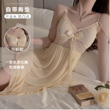 Guiruo Brand Sweet Mesh Pearl Chain Decoration Sexy Backless Slender Home Sleeping Dress Set P2259