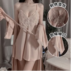 Guiruo Spring/Summer Comfortable Pajamas Open Back Sweet Embroidery Lace Suspended Pajama Dresses Women's Cardigan Home Suit Set 1854