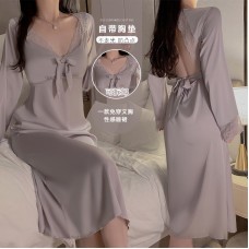 Guiruo Sexy Chest Cushion Pajamas Ice Silk Backless Temptation French Pure Desire Long Sleeve Pajama Dress Home Suit Set W2211