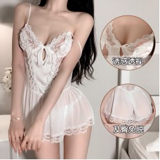 Guiruo Fun Lingerie Sexy Mesh Perspective Attractive Sweet Solid Color Suspended Sleeping Dress Women's Home Suit Set 2216