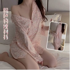 Guiruo Summer Loose fitting Pajamas Leopard Print Shirt Pure Desire Ice Silk Comfortable Long Sleeve Pajama Dress Home Set 3319