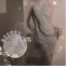 Guiruo Classic Vintage Standing Neck Plate Buckle Hollow Open Back Seduction Mesh Lace Perspective Qipao Nightgown Set 3681