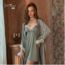 Qiruo Brand Autumn and Winter New Sexy Plush Satin Nightwear Hanging Strap and Lace up Nightgown Home Suit Set 19055