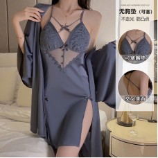 Guiruo Sexy Open Back Split Ice Silk Sling Sleeping Dress Pure Desire Bow Tie Sleepwear Outer Robe Home Suit Set 2355