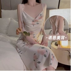 Guiruo Sexy Printed Ice Silk Pajama Swinging Neck Large Open Back Pure Desire Wind Suspended Sleeping Dress Home Suit Set 3858