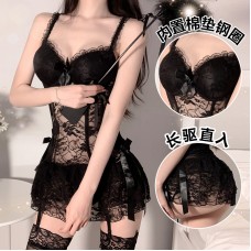 Guiruo Fun Underwear Slim Fit Seduction Sleepwear Lace Perspective Hollow Steel Ring Gathering Chest Cushion Uniform Set 2271