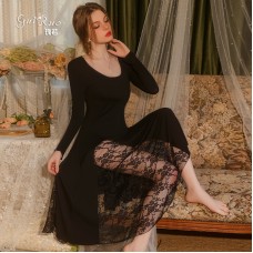 Guiruo Sexy Combination Yarn Perspective Lace Slim Fit Slender Round Neck Women's Home Pure Desire Sleeping Dress Set Q2858