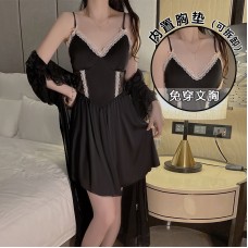 Guiruo Satin Low Neck Deep V with Chest Cushion Sweet Lace Perspective Pure Desire Sleeping Dress Outer Robe Home Suit Set J2699