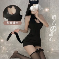 Guiruo Fun Lingerie Sexy Hollow Out Dew Breast Temptation Hanging Neck Slim Fit Sleeping Dress Cat Girl Uniform Sexy Set 805