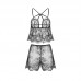 Guiruo Fun Underwear Mesh Open Back Hollow Top Lace Perspective Shorts Women's Two Piece Uniform Set 433