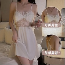 Ruo Ruo Pure Lust Wind Lace Backless Temptation with Chest Pads Gathered Strap Sleeping Dress High Grade Robe Home Set 3124