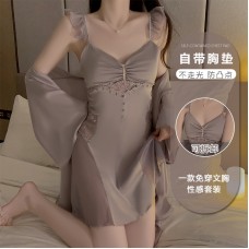 Guiruo Sexy V-neck Low cut gathered and padded with Sweet Lace Perspective Temptation Sleeping Dress Outer Robe Home Suit J3123