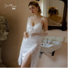 Guiruo Sexy High Split Ice Silk Pajamas with Chest Pads Gathered Lace Perspective Outer Robe Home Suit Set Q3255